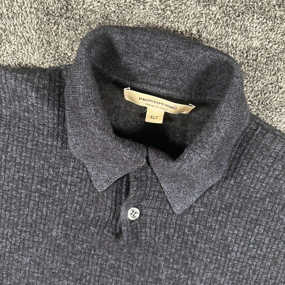 Pronto Uomo Sweater Polo Mens XLT Gray Merino Wool Blend Waffle Knit Made Italy